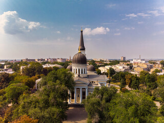 Fototapeta na wymiar View of the Transfiguration Cathedral in Odessa before a Russian missile hit. Beautiful top view of the central cathedral in Odessa. Cathedral before destruction. Top view of Odessa in autumn.