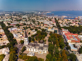 View of the Transfiguration Cathedral in Odessa before a Russian missile hit. Beautiful top view of the central cathedral in Odessa. Cathedral before destruction. Top view of Odessa in autumn.