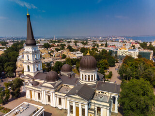 View of the Transfiguration Cathedral in Odessa before a Russian missile hit. Beautiful top view of the central cathedral in Odessa. Cathedral before destruction. Top view of Odessa in autumn. - 626526969