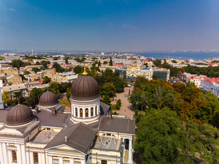 Naklejka premium View of the Transfiguration Cathedral in Odessa before a Russian missile hit. Beautiful top view of the central cathedral in Odessa. Cathedral before destruction. Top view of Odessa in autumn.