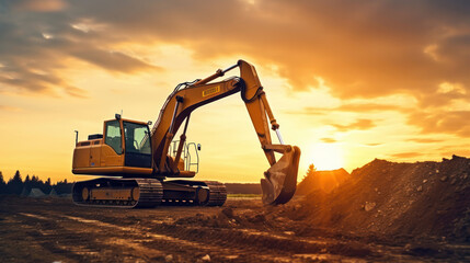 Crawler excavator during earthwork on construction site at sunset. heavy earth mover on the construction site. - obrazy, fototapety, plakaty