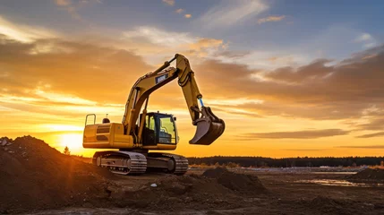 Poster Crawler excavator during earthwork on construction site at sunset. heavy earth mover on the construction site. © Sasint
