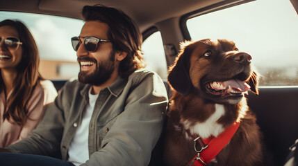 A guy and a girl laughing together during a car ride with their dog