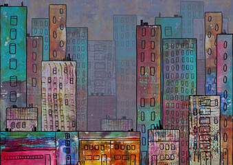 Colorful mixed media cityscape, digital collage and digital drawing
