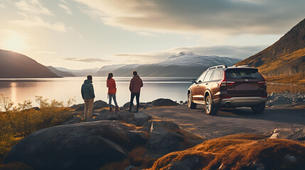 A picturesque shot of travelers standing by their car