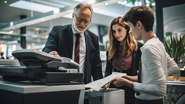 An Older Employee Helps Younger Colleagues With Office Equipment 