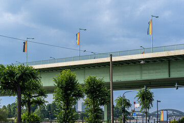 View of the bridge with rainbow flags