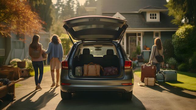 Family Who Load The Car With Luggage, Supplies, And Other Gear In The Driveway Outside Their Home