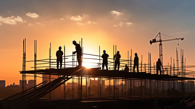 Silhouette Teams of Business Engineers looking for blueprints in construction sites through blurry construction sites at sunset.