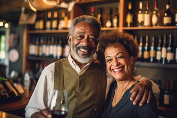 Middle age couple enjoying dating time in winery
