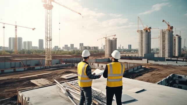 Two Specialists Inspect Commercial, Industrial Building Construction Site. Real Estate Project with Civil Engineer, Investor Use Laptop. In the Background Crane, Skyscraper Concrete Formwork Frames