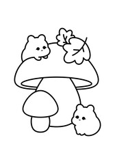 Cute Fall Mushrooms. Vector Line Art Illustration of cute mushrooms surrounded by fall leaves, creatively designed in black lines on an isolated cutout background.