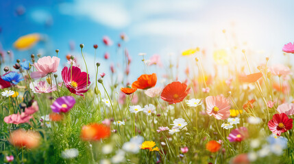 Beautiful meadow full of spring flowers - obrazy, fototapety, plakaty