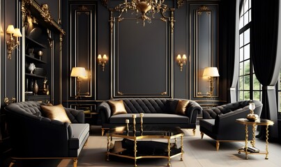 luxury black and gold living room interior, AI generative