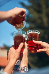 Group of friends enjoying cold beer at a backyard party.