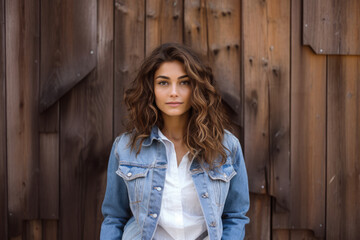 Fototapeta premium Closeup of a young woman wearing a denim jacket against a wood background. Generative AI.