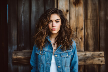 Fototapeta premium Closeup of a young woman wearing a denim jacket against a wood background. Generative AI.