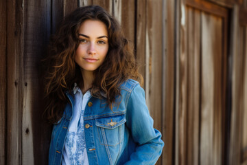 Fototapeta premium Closeup of a young woman wearing a denim jacket against a wood background. Generative AI.