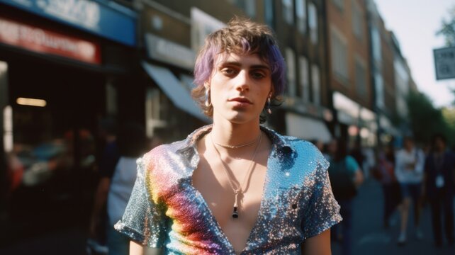 Portrait of a queer person, gay, non-binary, androgynous, transgender. Pride month concept.