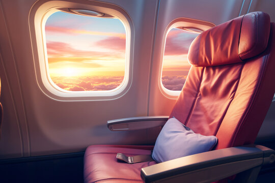Sunset sky view from plane window in economy seat. Economy class airplane window. Inside of commercial airline. Seat with armchair. Leather seat of economy class plane. Scenic Journey. Generative AI.