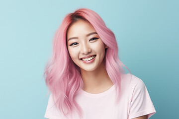 Smiling Asian woman with pink hair on pastel background