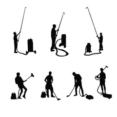 silhouette of men with vacuum cleaners - obrazy, fototapety, plakaty