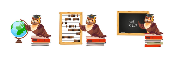 School owl wearing graduation cap and pointing the blackboard, globe and schoty