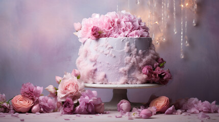 Beautiful Chiffon Cake with Light and Fluffy Base - Decorated in Feminine Toned Whipped Frosting - With Floral and Fruit Design Elements on Vintage Pastel Backdrop - Generative AI