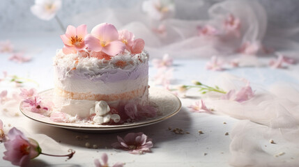 Obraz na płótnie Canvas Beautiful Chiffon Cake with Light and Fluffy Base - Decorated in Feminine Toned Whipped Frosting - With Floral and Fruit Design Elements on Vintage Pastel Backdrop - Generative AI
