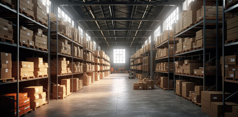 Fototapeta premium Large Warehouse with Shelves Full of Boxes for Shipping extreme closeup. Generative AI