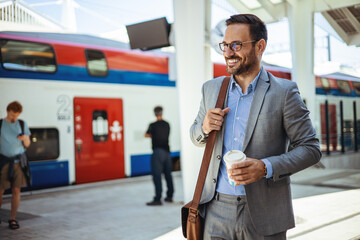 A traveling male business person is at the train station with a reusable travel mug of coffee. A...