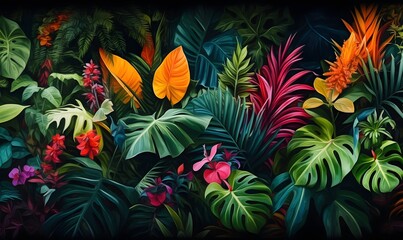 many brightly colored tropical plants are on a black wall, AI generative - obrazy, fototapety, plakaty