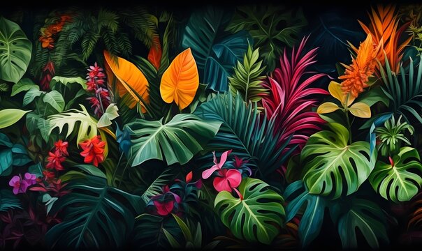 many brightly colored tropical plants are on a black wall, AI generative
