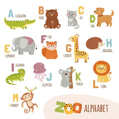Cute cartoon zoo alphabet for kids. English alphabet with funny animals. Vector illustration