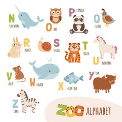 Cute cartoon zoo alphabet for kids. English alphabet with funny animals. Vector illustration - 626531107