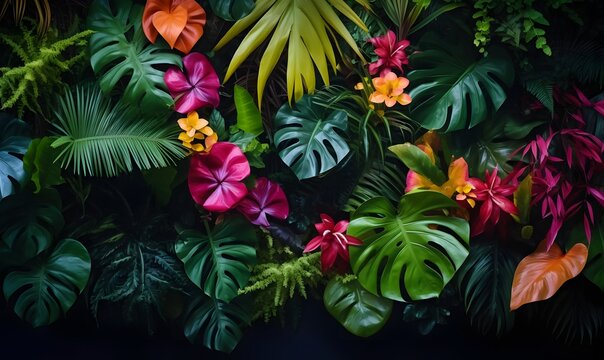 many brightly colored tropical plants are on a black wall, AI generative