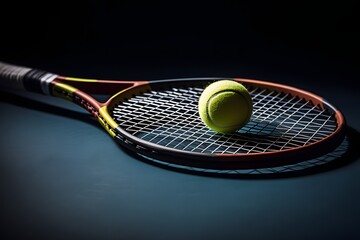 Yellow tennis ball on tennis racket surface photography in low key. Generative AI.