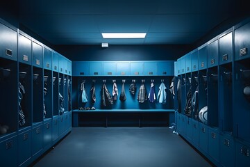 Sports equipment in blue empty locker room low angle photo. Generative AI. - Powered by Adobe