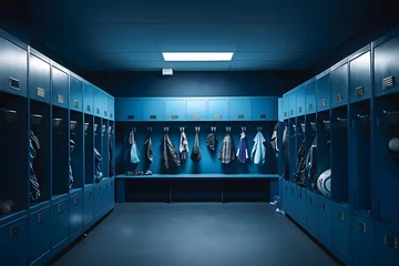Gordijnen Sports equipment in blue empty locker room low angle photo. Generative AI. © Bonsales
