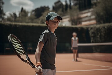 Portrait of male junior tennis player during practice match on clay court outside. Generative AI. - obrazy, fototapety, plakaty