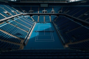 Stadium with blue hard tennis court and empty tribunes before start of tournament. Generative AI.
