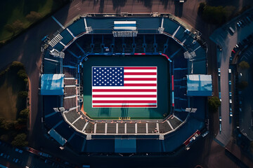 Large usa flag located on sport stadium surface during championship event aerial view. Generative AI.
