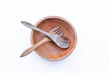 Cutlery wooden bowl on white background