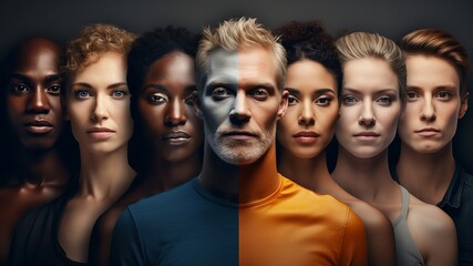 group of multiethnic people men and women stay in row.