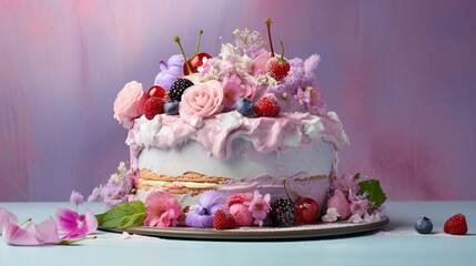 Ice Cream Cake with Multiple Layers and Graham Cracker Crusts - Melting Whipped Frosting with Cold Berries/Fruits - Flower Decorations on Vintage Pastel Pink and Purple Background - Generative AI