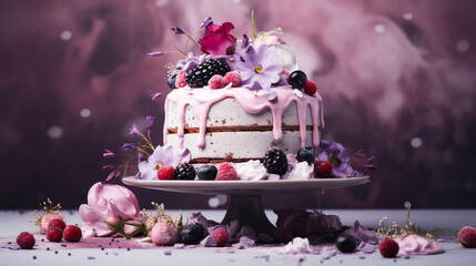 Ice Cream Cake with Multiple Layers and Graham Cracker Crusts - Melting Whipped Frosting with Cold Berries/Fruits - Flower Decorations on Vintage Pastel Pink and Purple Background - Generative AI