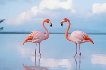 Two flamingos  in the shallow sea. Minimal summer tropical concept. Creative layout. Blue and pink