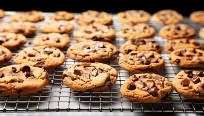 An appetizing chocolate chip cookies on a cooling rack