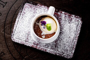 chocolate fondant cake with ice cream and caramel