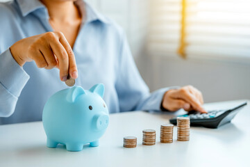 Woman stacking money coins accounting for financial interest Save money for prepare in the future...